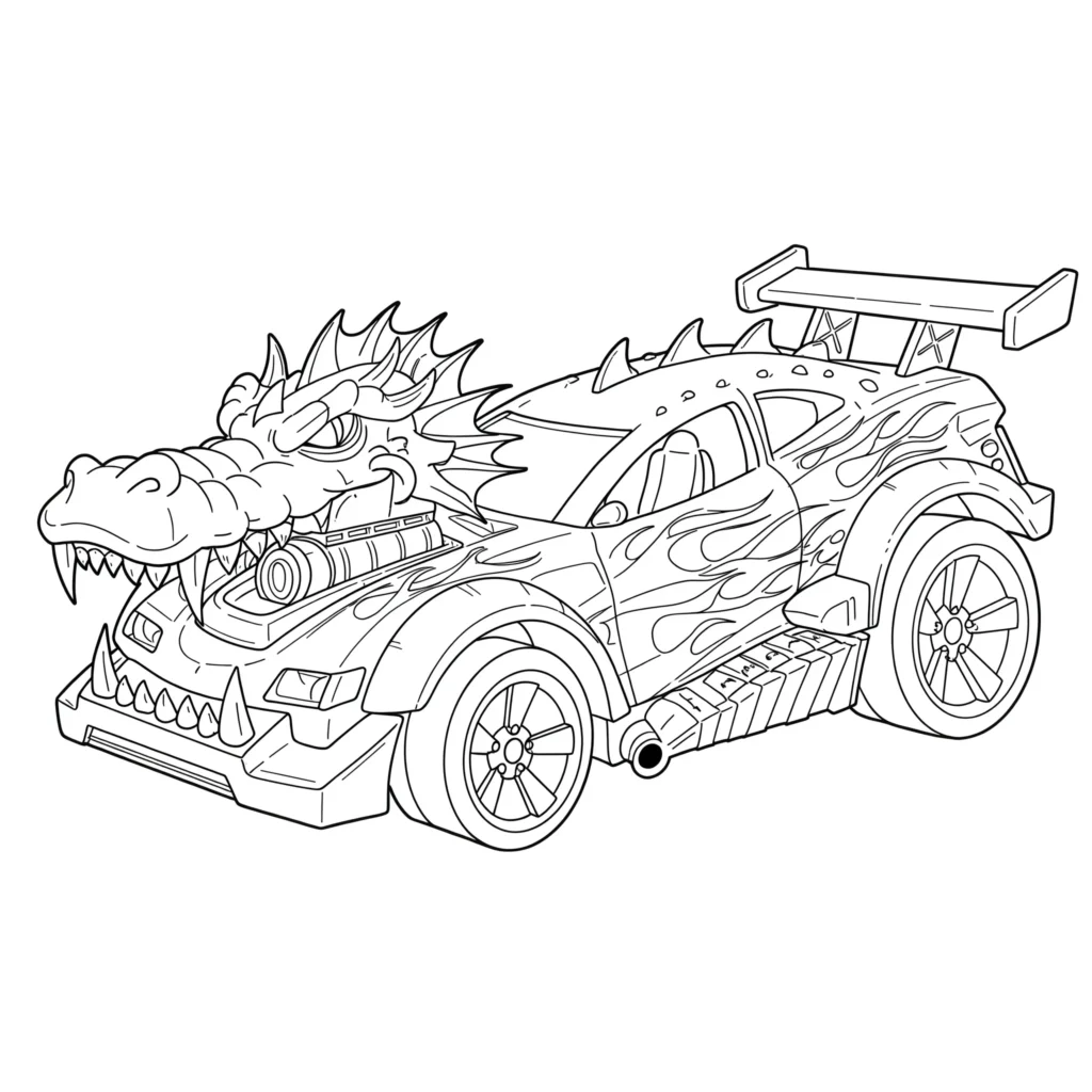 Kostenloses Hot Wheels Dragon Auto Ausmalbild als PDF zum Ausdrucken. Perfekt für Kinder, die schnelle Autos mit Flammen ausmalen möchten.
