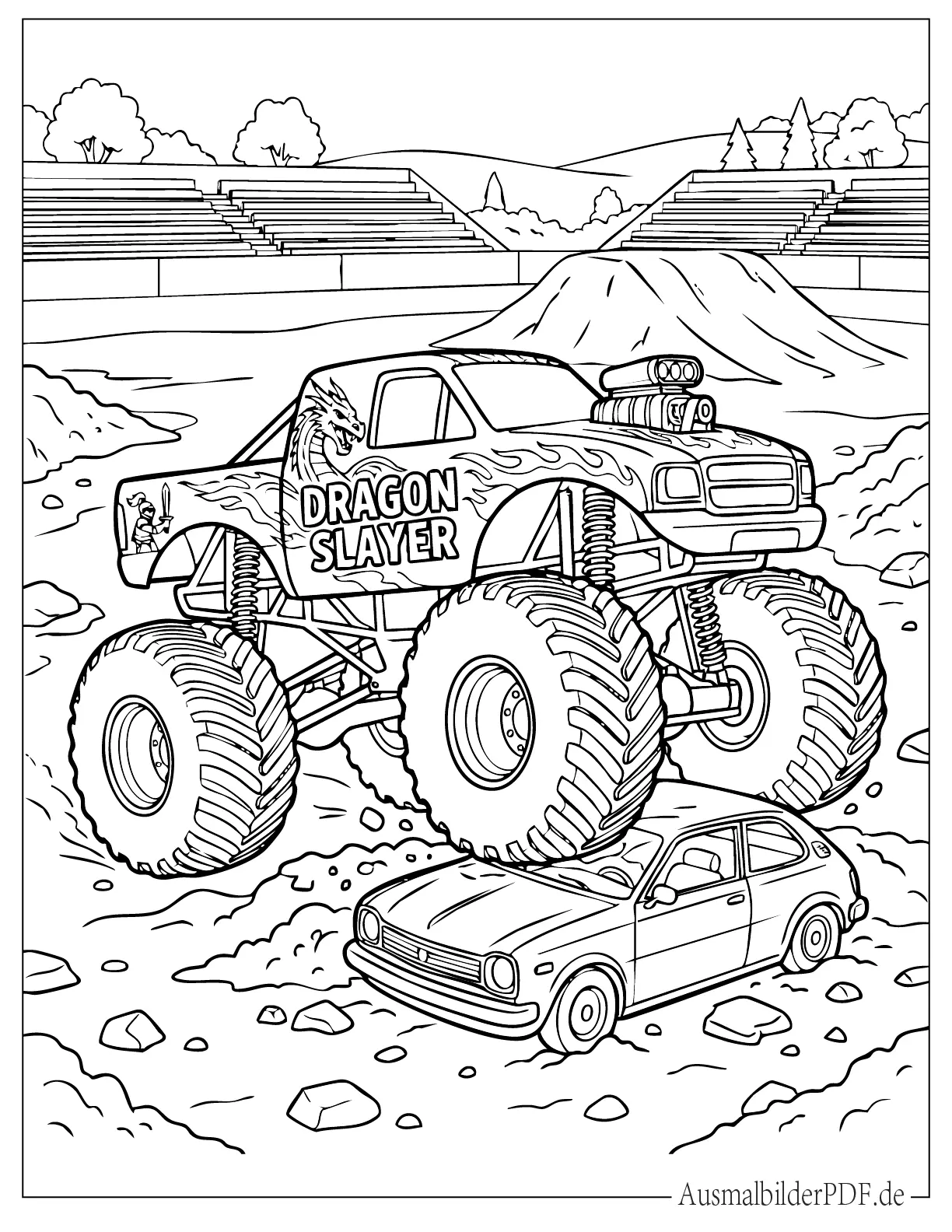 20 MonsterTruck Ausmalbilder (Gratis Vorlagen zum drucken) Dragon Slayer Monstertruck fährt über Auto Ausmalvorlage