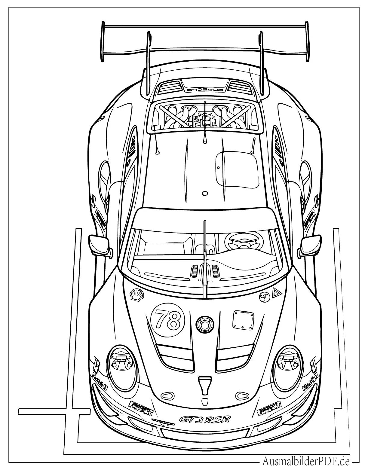 Draufsicht des Porsche 911 GT3 RSR Ausmalbild