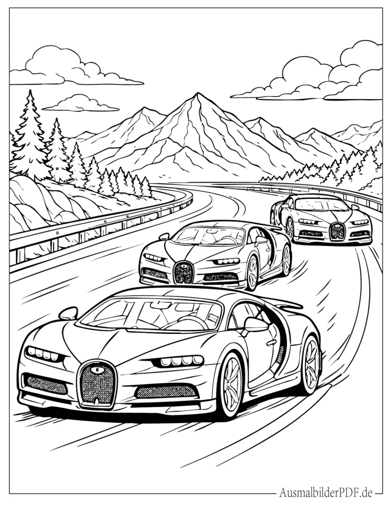 Ausmalblatt von drei Bugatti Chiron auf der Straße für Kinder, perfekt zum Ausdrucken und Ausmalen