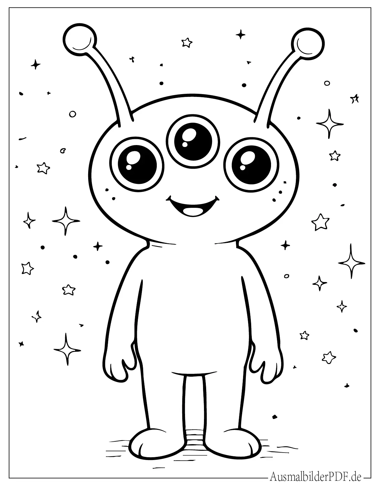 Alien Ausmalbilder (Gratis zum Ausdrucken und Ausmalen) Einfaches dreäugiges Alien Ausmalbild für Kinder
