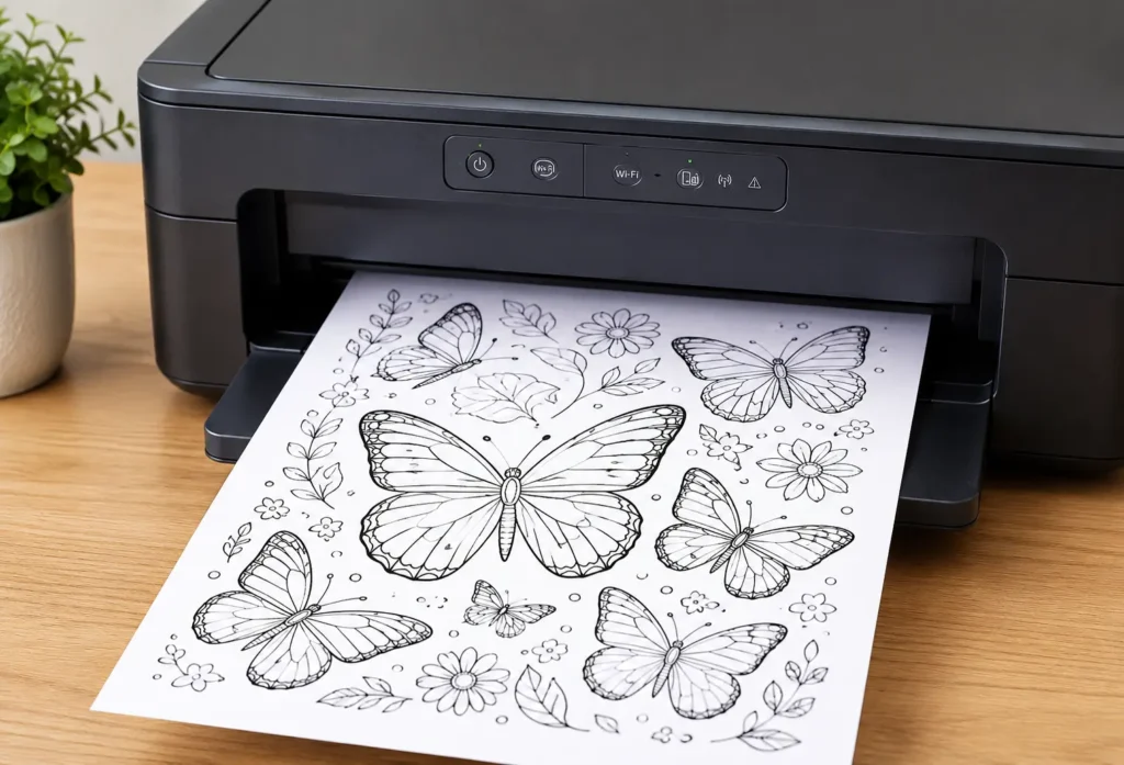 Drucker druckt eine Schmetterling Ausmalbild