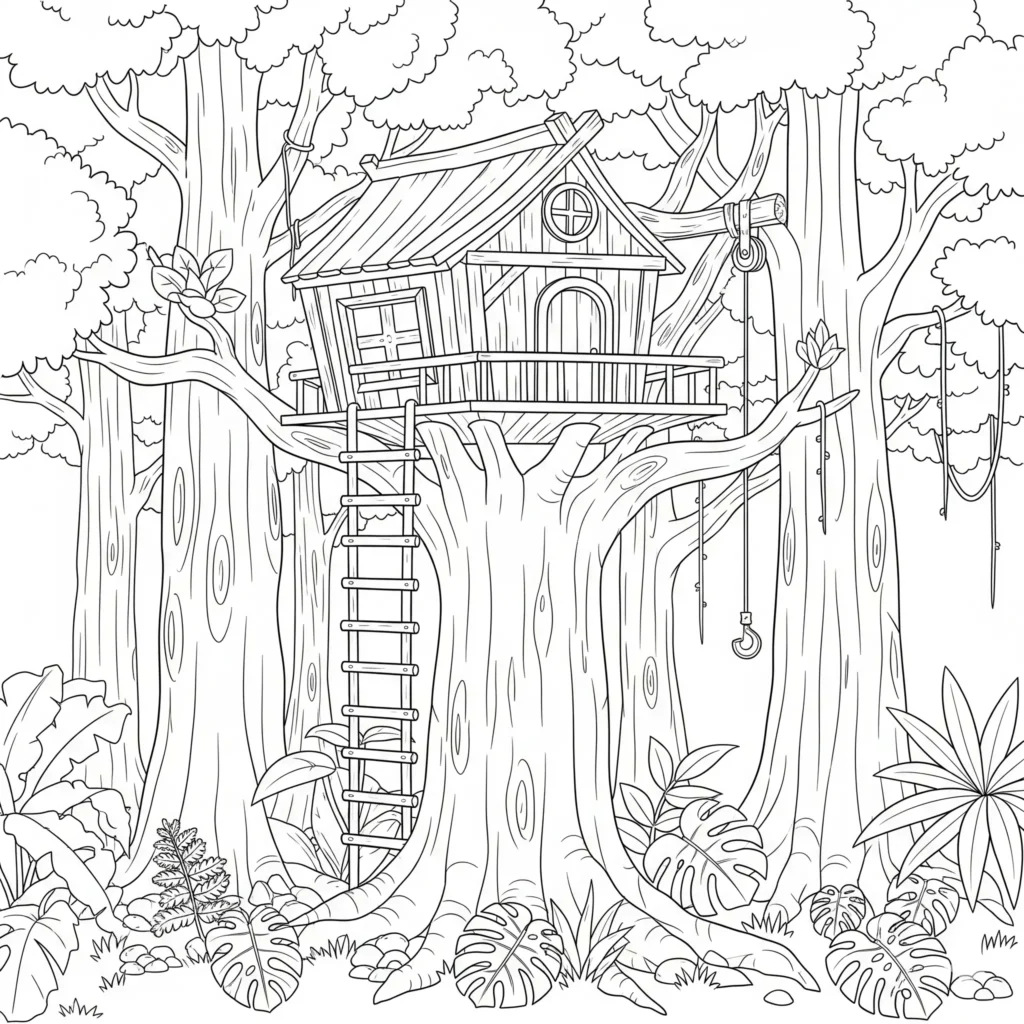 20 Dschungel Ausmalbilder (Gratis Malvorlage zum Ausdrucken) Malvorlage mit einem Baumhaus im Dschungel, umgeben von Bäumen und Pflanzen, geeignet zum Ausdrucken für Kinder und Erwachsene