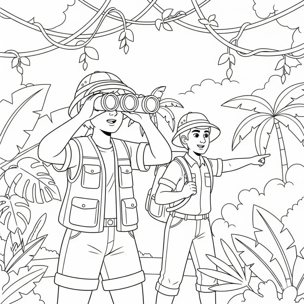 20 Dschungel Ausmalbilder (Gratis Malvorlage zum Ausdrucken) Malvorlage mit zwei Dschungel-Entdeckern, die mit Ferngläsern durch den Wald schauen, geeignet zum kostenlosen Ausdrucken für Kinder