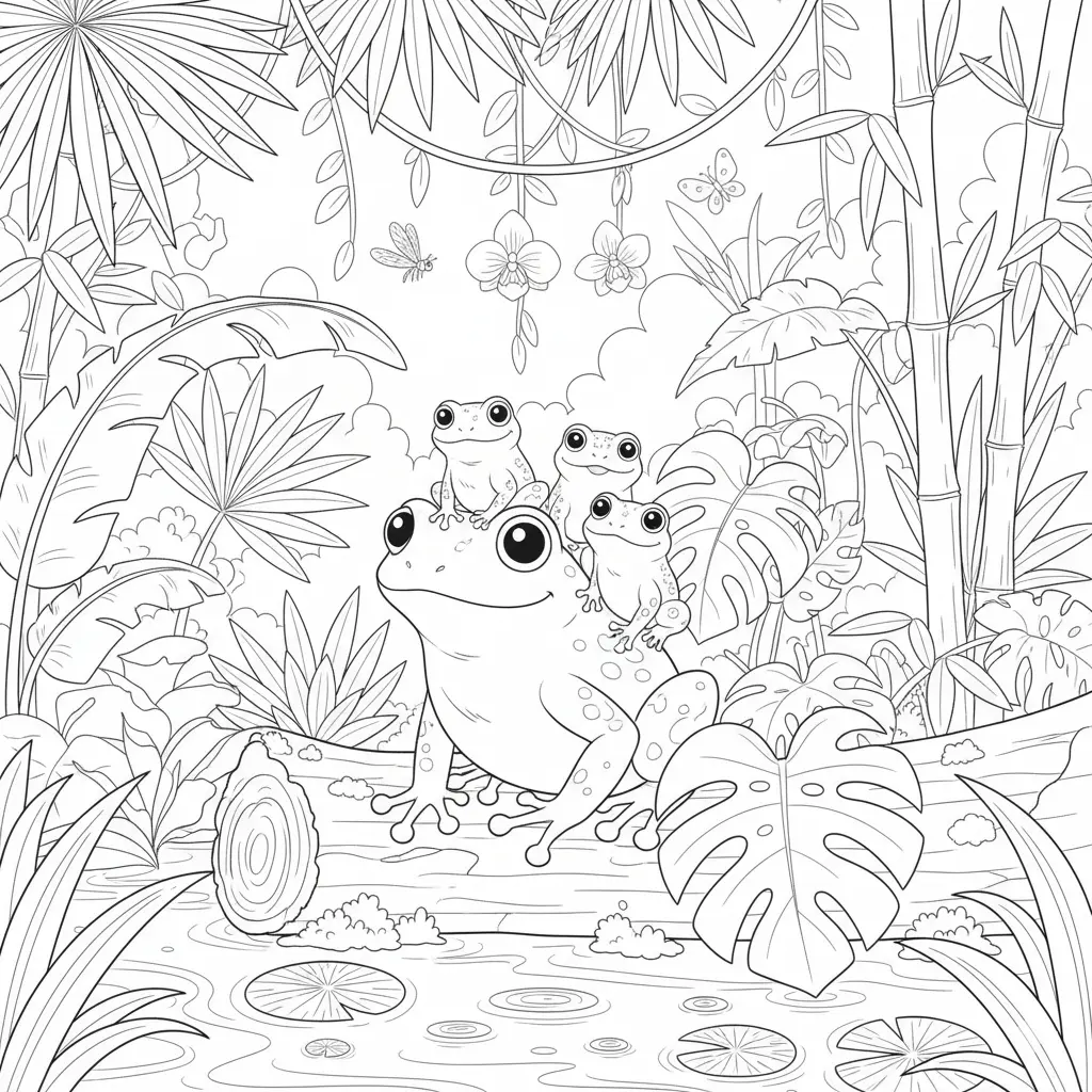 20+ Frosch Ausmalbilder (Kostenlos Malvorlage zum Ausdrucken) Ausmalbild einer Froschfamilie im Dschungel mit großen Blättern und tropischer Umgebung ideal für Kinder zum Ausdrucken und Ausmalen