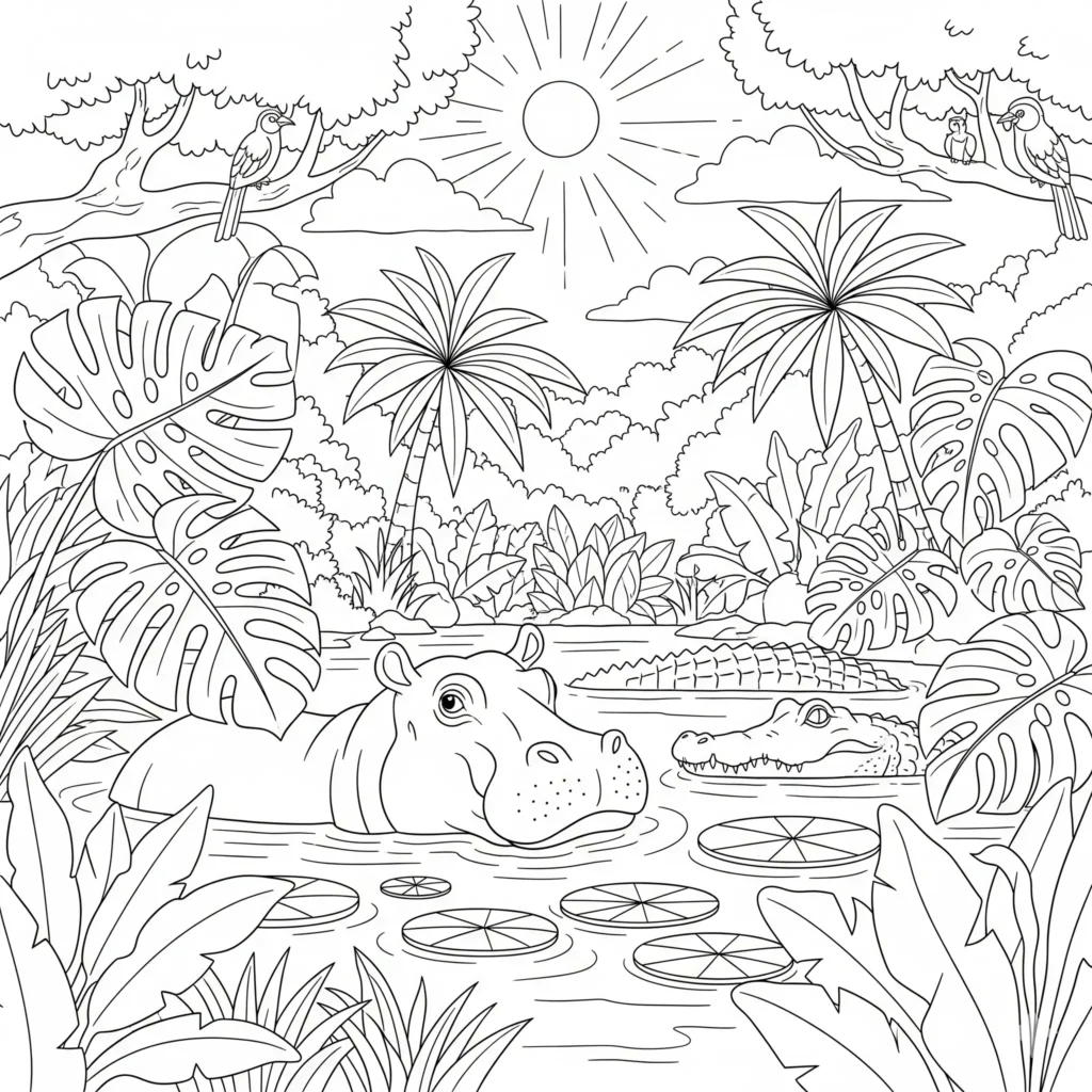 20 Dschungel Ausmalbilder (Gratis Malvorlage zum Ausdrucken) Malvorlage mit tropischem Dschungel im Sommer, voller Pflanzen und Bäume, zum kostenlosen Ausdrucken für Kinder und Erwachsene