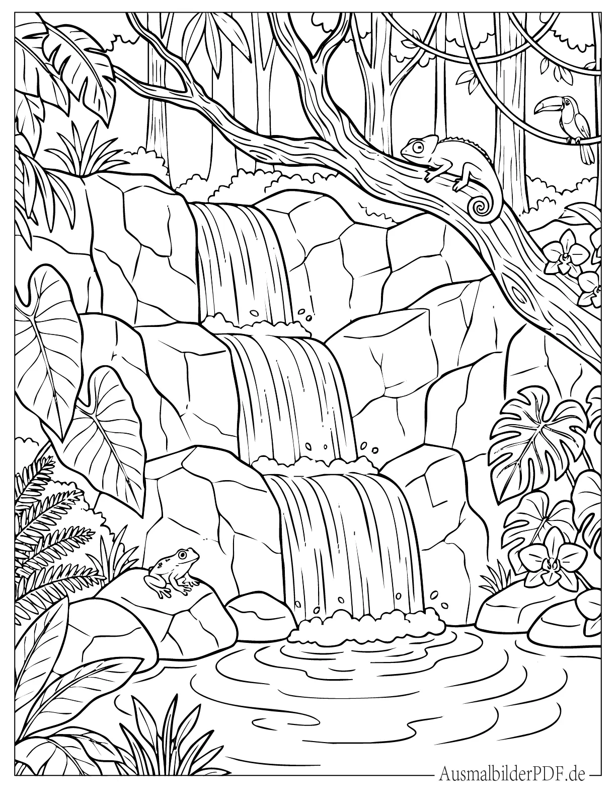 Realistischer Dschungel Wasserfall Ausmalbild zum Ausdrucken