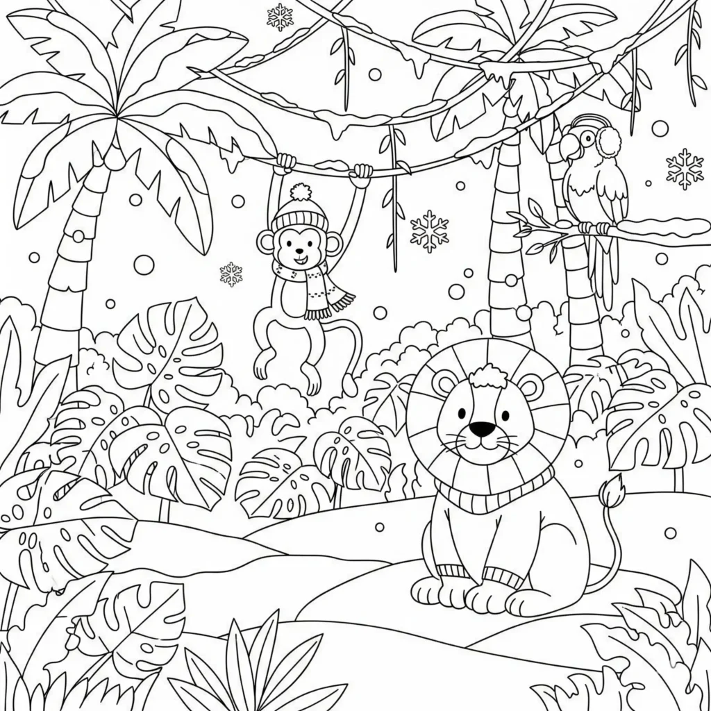 20 Dschungel Ausmalbilder (Gratis Malvorlage zum Ausdrucken) Malvorlage mit einem verschneiten Dschungel im Winter, mit Bäumen und Pflanzen, zum kostenlosen Ausdrucken für Kinder und Erwachsene