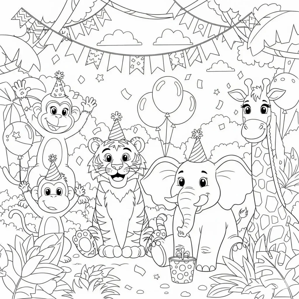 Cartoon Dschungeltiere feiern eine fröhliche Party Ausmalbild für Kinder und Erwachsene zum Ausdrucken und kreativen Ausmalen