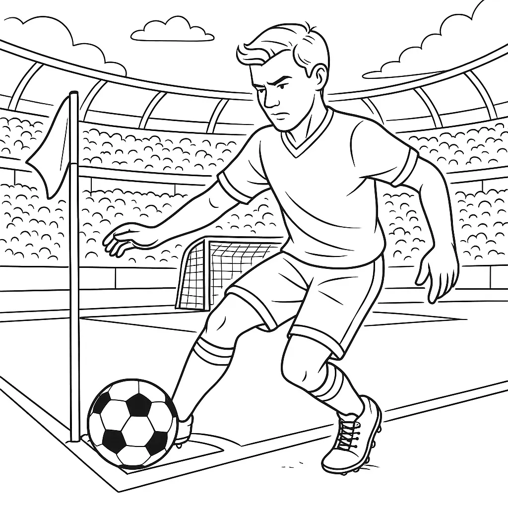 Ausmalbild Fußballspieler bereitet sich auf eine Ecke vor, Ball an der Fahne, Tor und Tribünen im Hintergrund