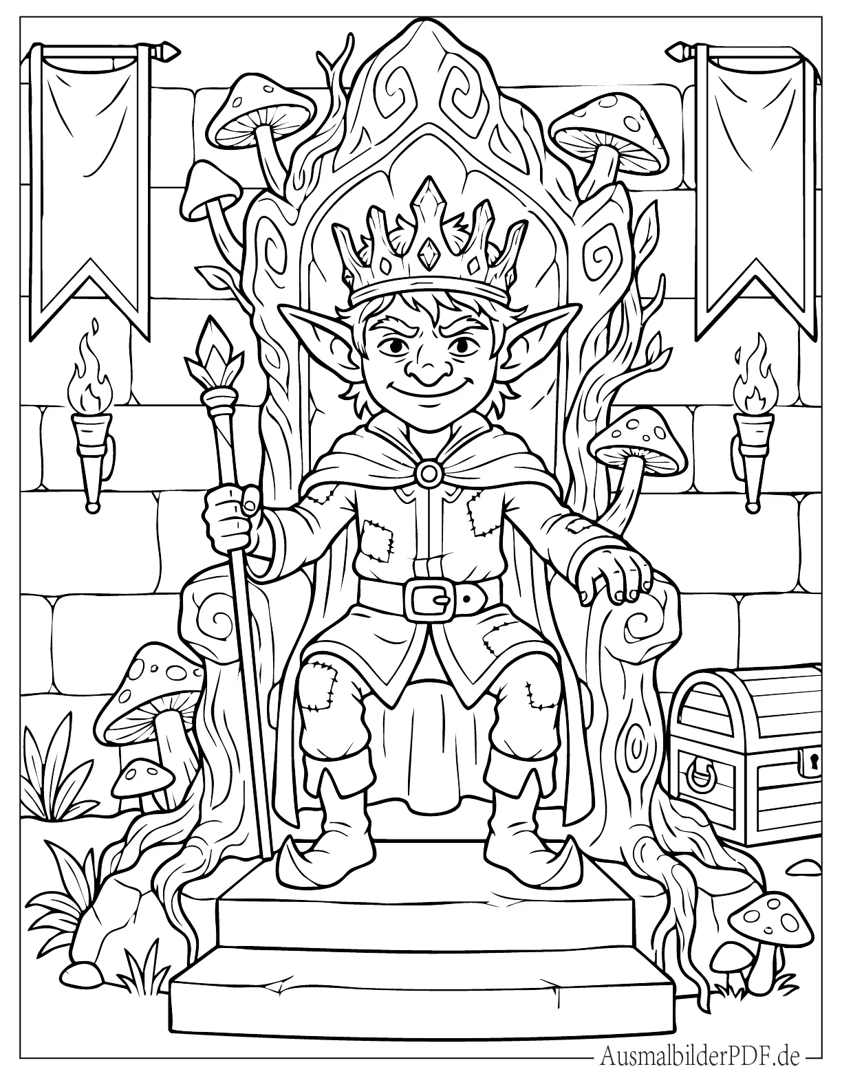 Edler Kobold mit Krone sitzt auf einem Fantasy Thron Ausmalbild