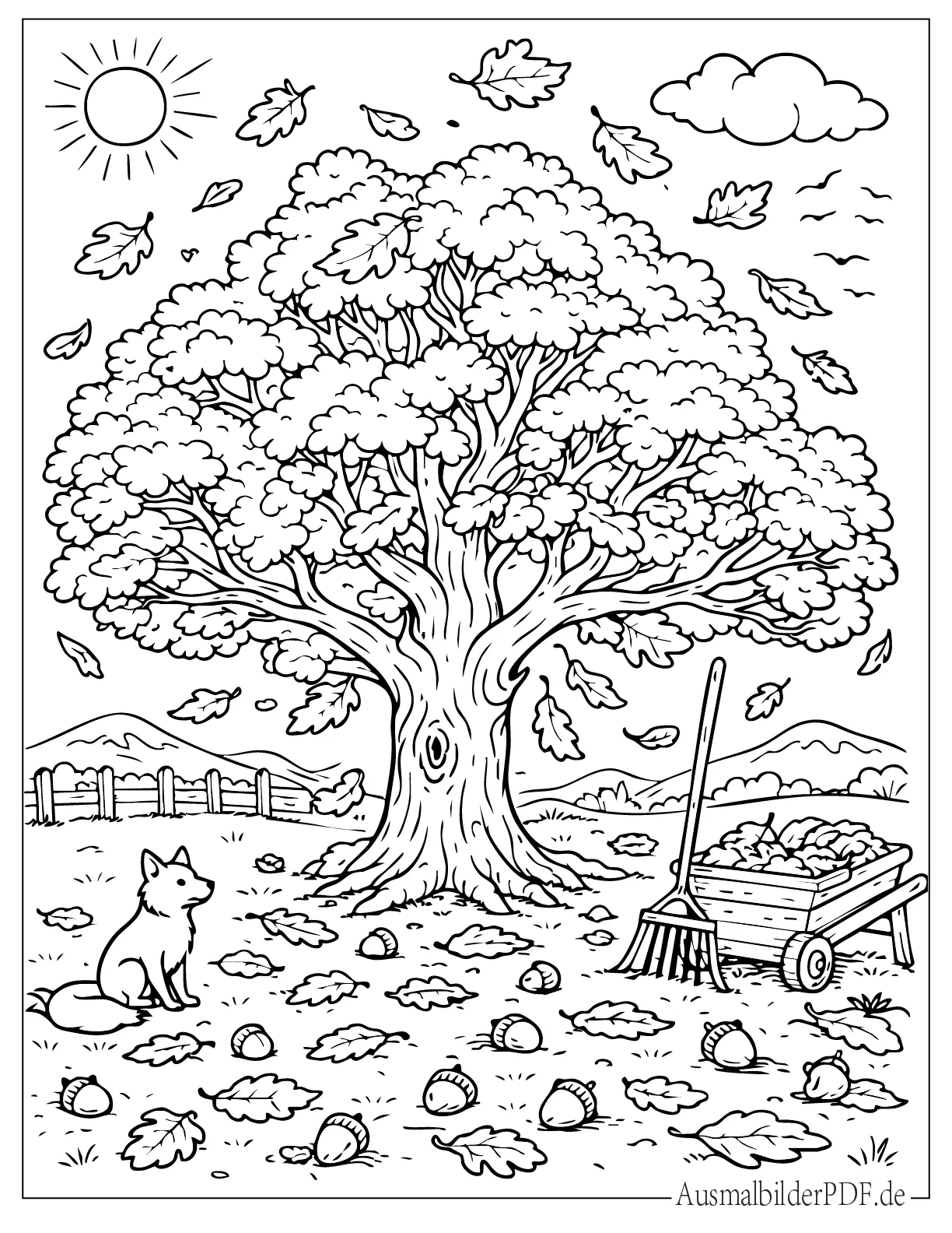 Ein prächtiger Eichenbaum mit bunten Herbstblättern als Malvorlage perfekt für kreative Stunden mit der ganzen Familie.