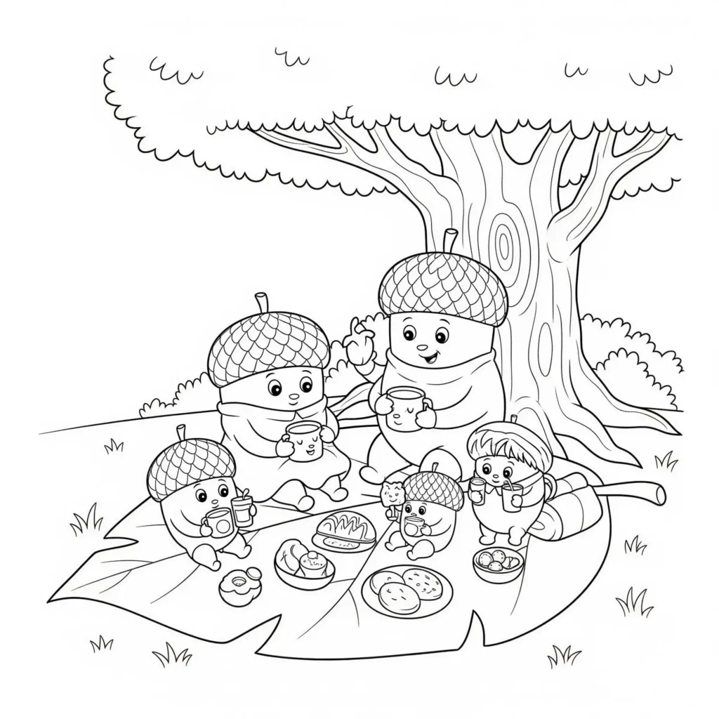 20+ Herbst Ausmalbilder (Kostenlos Malvorlage zum Ausdrucken) Eine niedliche Eichel-Familie genießt ein Picknick unter einem Baum mit herbstlichen Blättern. Kinder können die Figuren, den Baum und die Blätter farbenfroh gestalten.