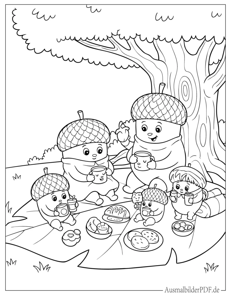 Eichel Familie macht Picknick unter einem Baum Malvorlage