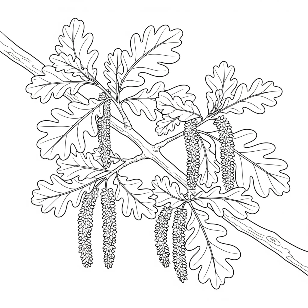 Ausmalbild mit zarten Eichenblüten im Frühling, ideal zum kostenlosen Ausdrucken und Ausmalen für Kinder und Erwachsene