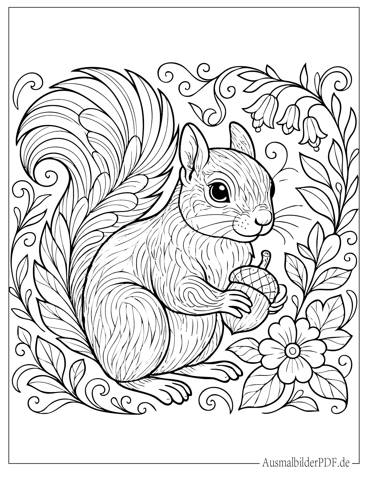 Eichhörnchen mit Eichel und Blumen Malbild