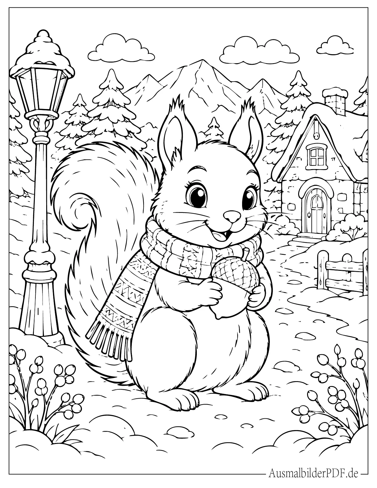 Eichhörnchen trägt Schal im Winter Ausmalbild