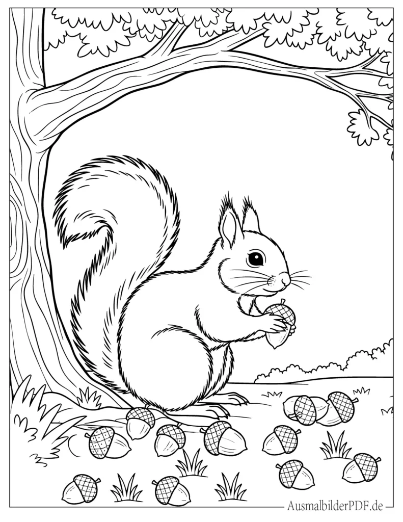 Eichhörnchen sammelt Eicheln unter einem Baum zum Ausmalen