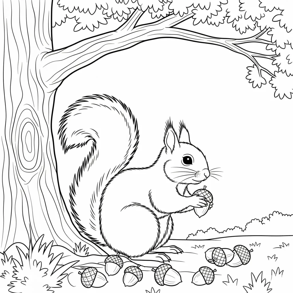 20+ Herbst Ausmalbilder (Kostenlos Malvorlage zum Ausdrucken) Ein niedliches Eichhörnchen sammelt Eicheln unter einem großen Baum im herbstlichen Wald. Die Szene zeigt den Herbst in seiner schönsten Form.