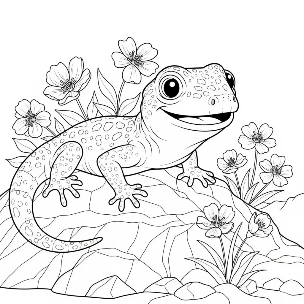 Diese eidechse malvorlage zeigt eine Echse, die ruhig auf einem Stein sitzt, mit klaren Linien und ausgewogenen Formen, geeignet zum entspannten Ausmalen für Kinder