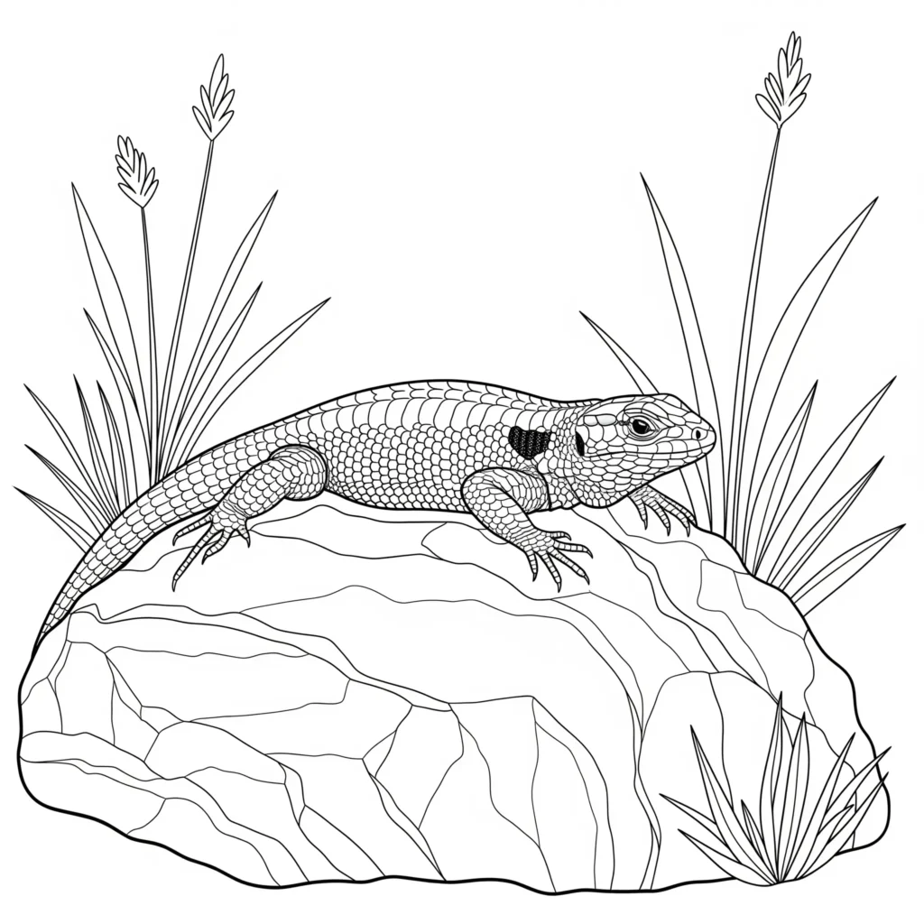 Dieses eidechse ausmalbild zeigt eine einfache Zeichnung einer Eidechse mit klaren Linien und viel Freiraum, ideal zum entspannten Ausmalen für Kinder