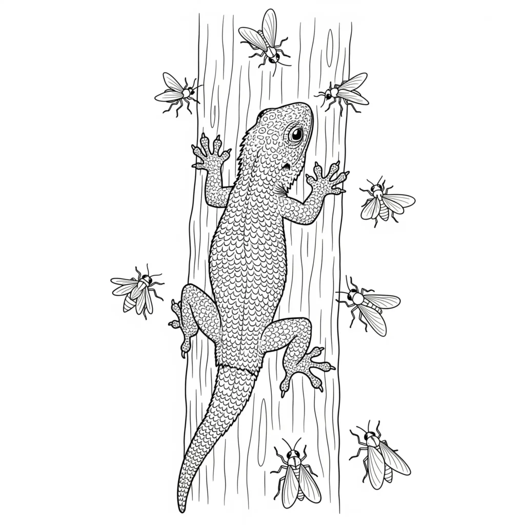 Malvorlage zeigt eine Eidechse, die einen Baum erklimmt, mit klaren Linien und viel Platz zum Ausmalen, ideal für Kinder zum kreativen Ausmalen
