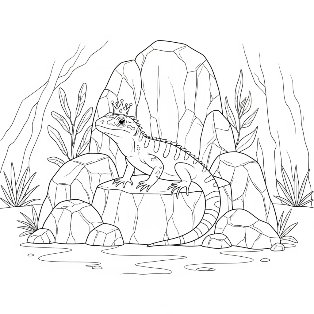 Malvorlage einer Eidechse mit einer Krone auf dem Kopf, mit klaren Linien und viel Platz zum Ausmalen, ideal für Kinder zum kreativen Ausmalen und Spielen