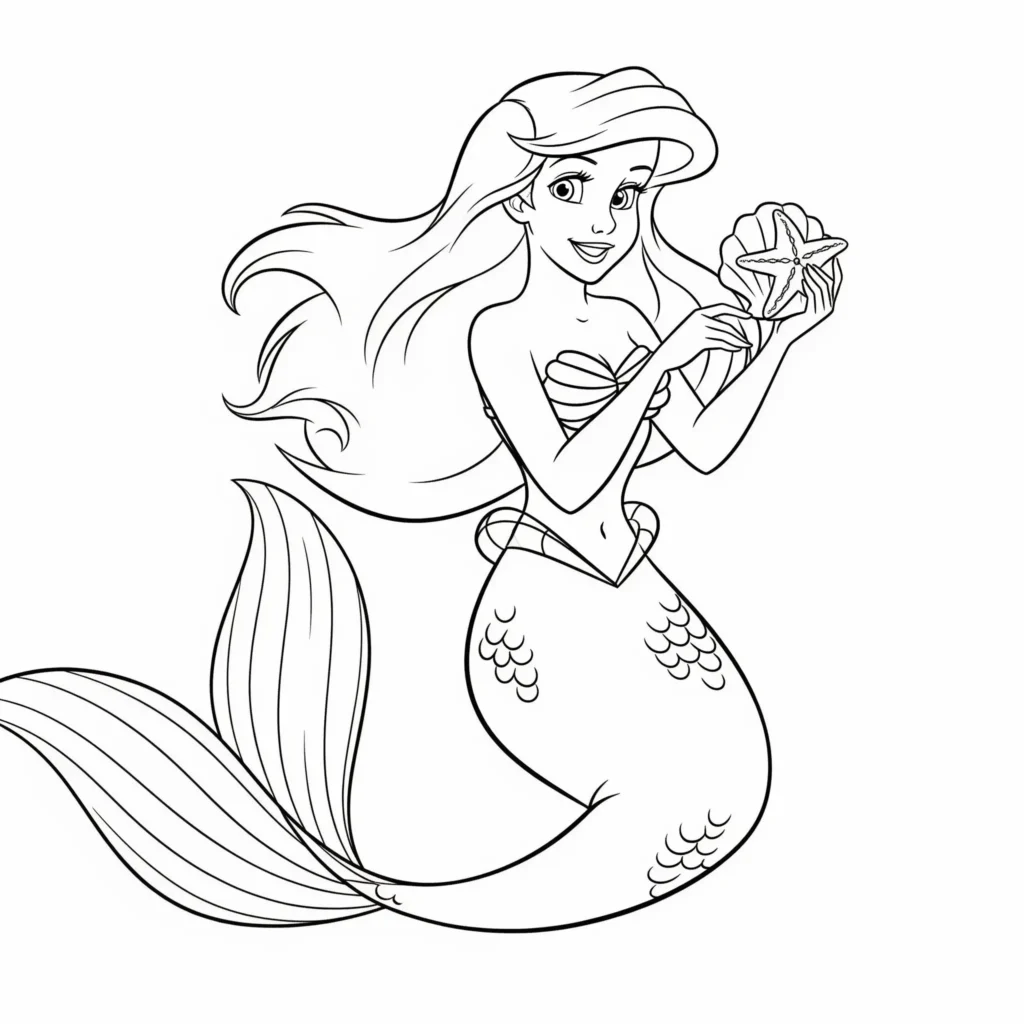 Dieses einfache Arielle Ausmalbild ist ideal für kleine Kinder. Perfekt zum Ausdrucken, Ausmalen und spielerischen Entdecken der Meerjungfrau.