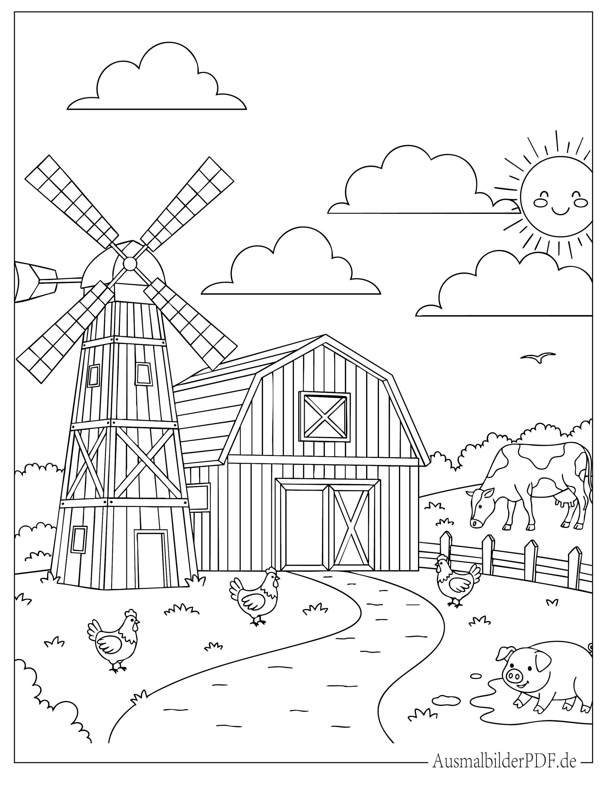 30+ Bauernhof Ausmalbilder (Gratis Malvorlagen zum Drucken) Einfacher Bauernhof und Windmühle Ausmalbild
