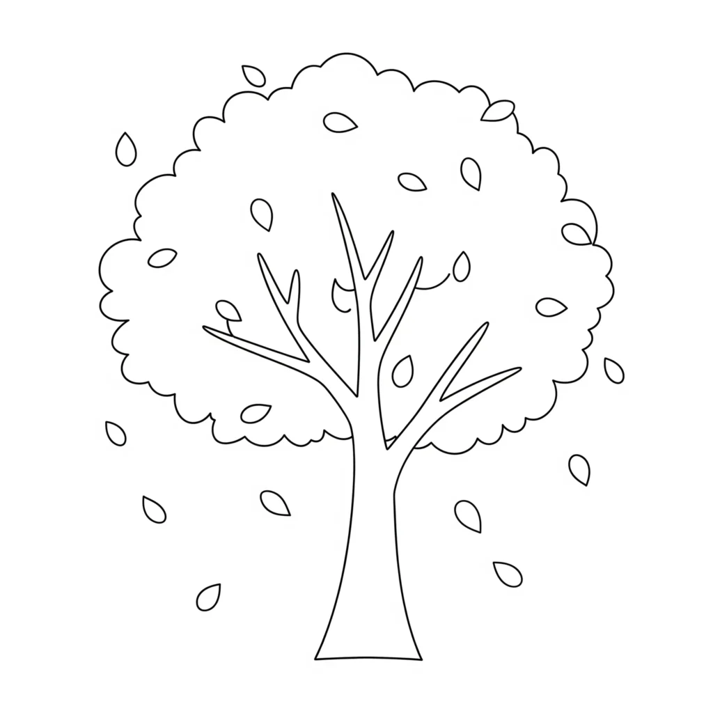 20+ Herbst Ausmalbilder (Kostenlos Malvorlage zum Ausdrucken) Ein schlichter Baum verliert seine bunten Herbstblätter. Kinder können die Blätter in verschiedenen Farben ausmalen und die herbstliche Szene kreativ gestalten.