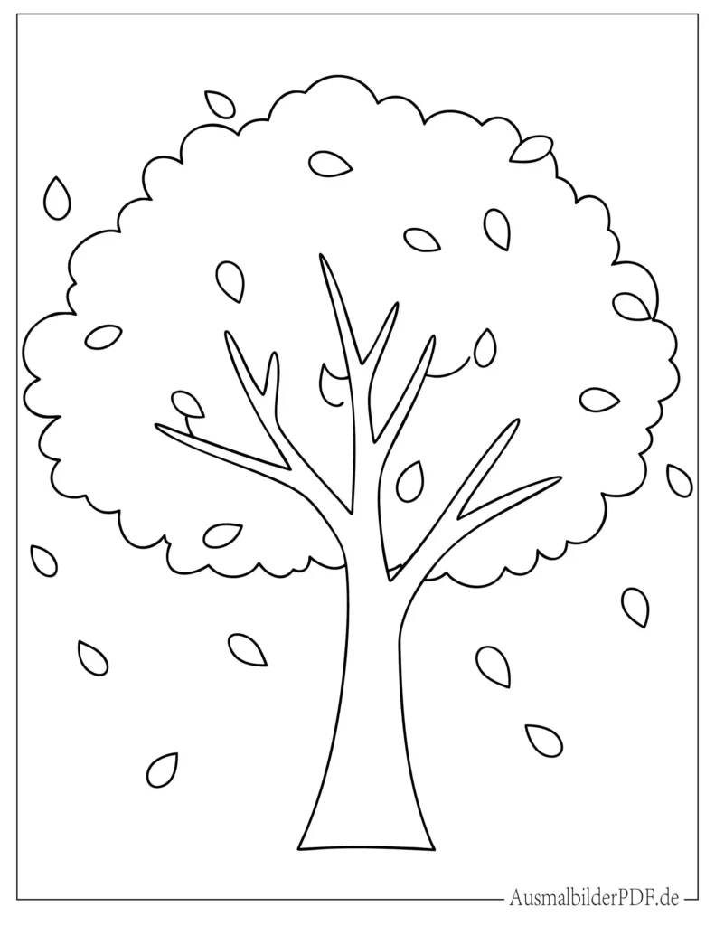 Einfacher Baum mit fallenden Blättern Ausmalbild für Vorschulkinder