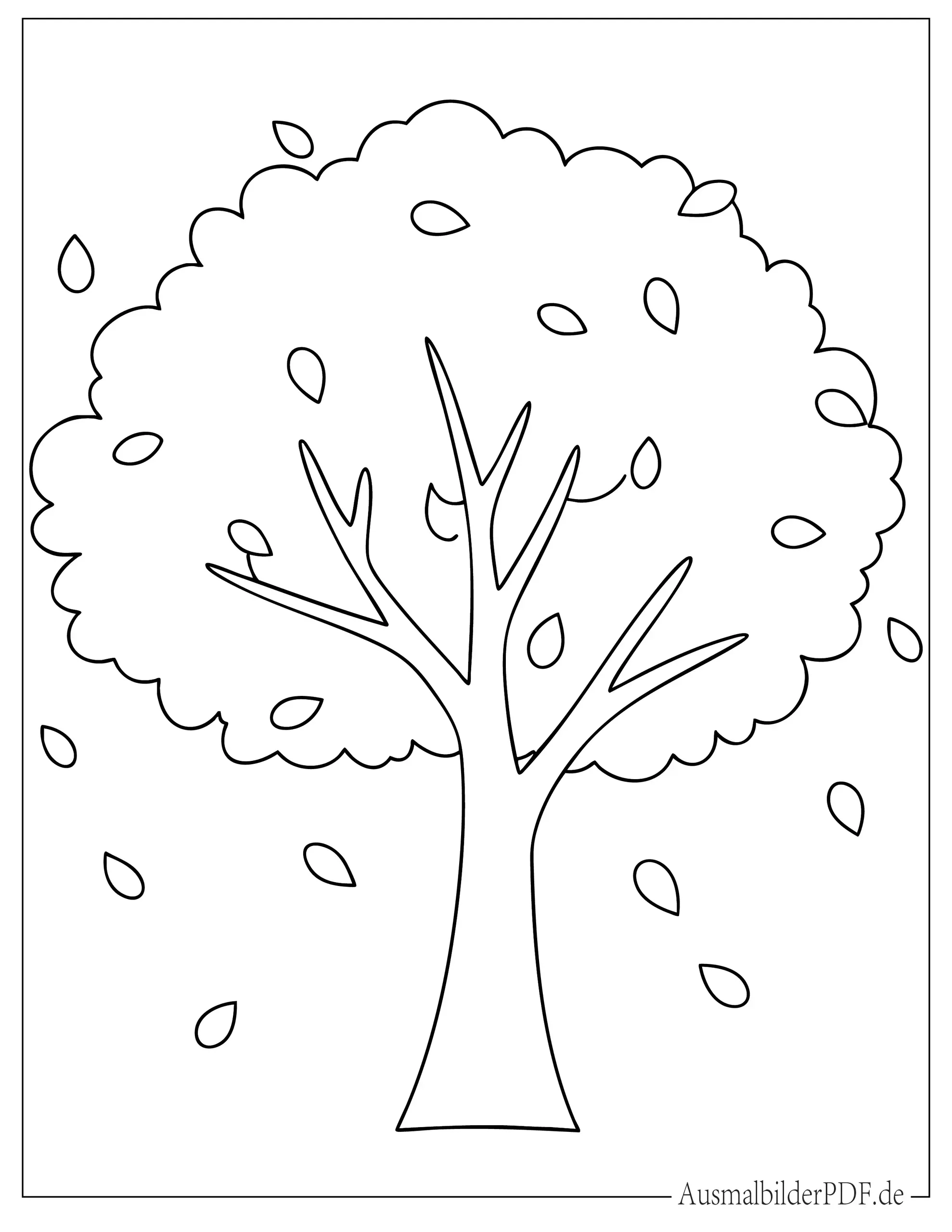 Einfacher Baum mit fallenden Blättern Ausmalbild für Vorschulkinder