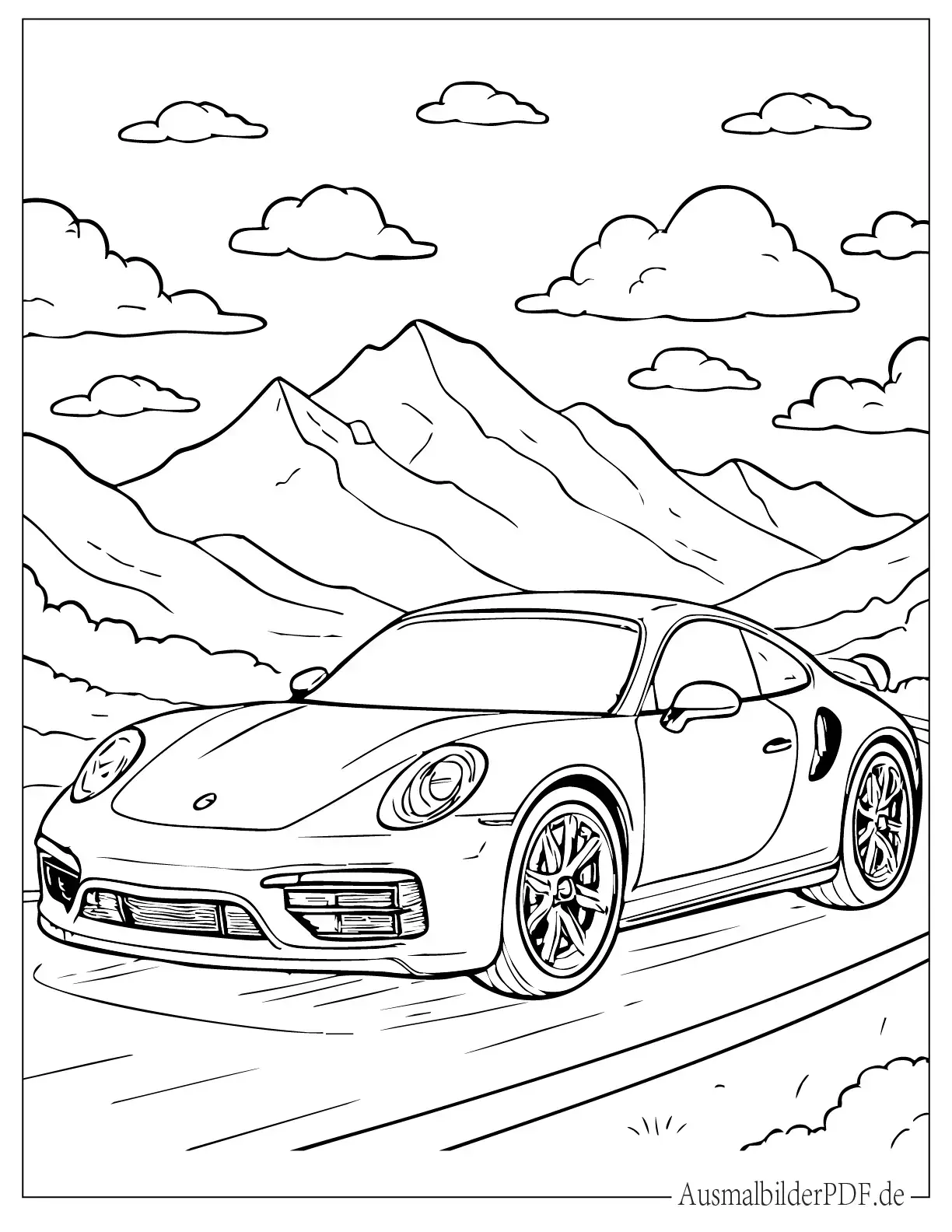 Einfacher Porsche fährt auf Bergstraße zum Ausmalen