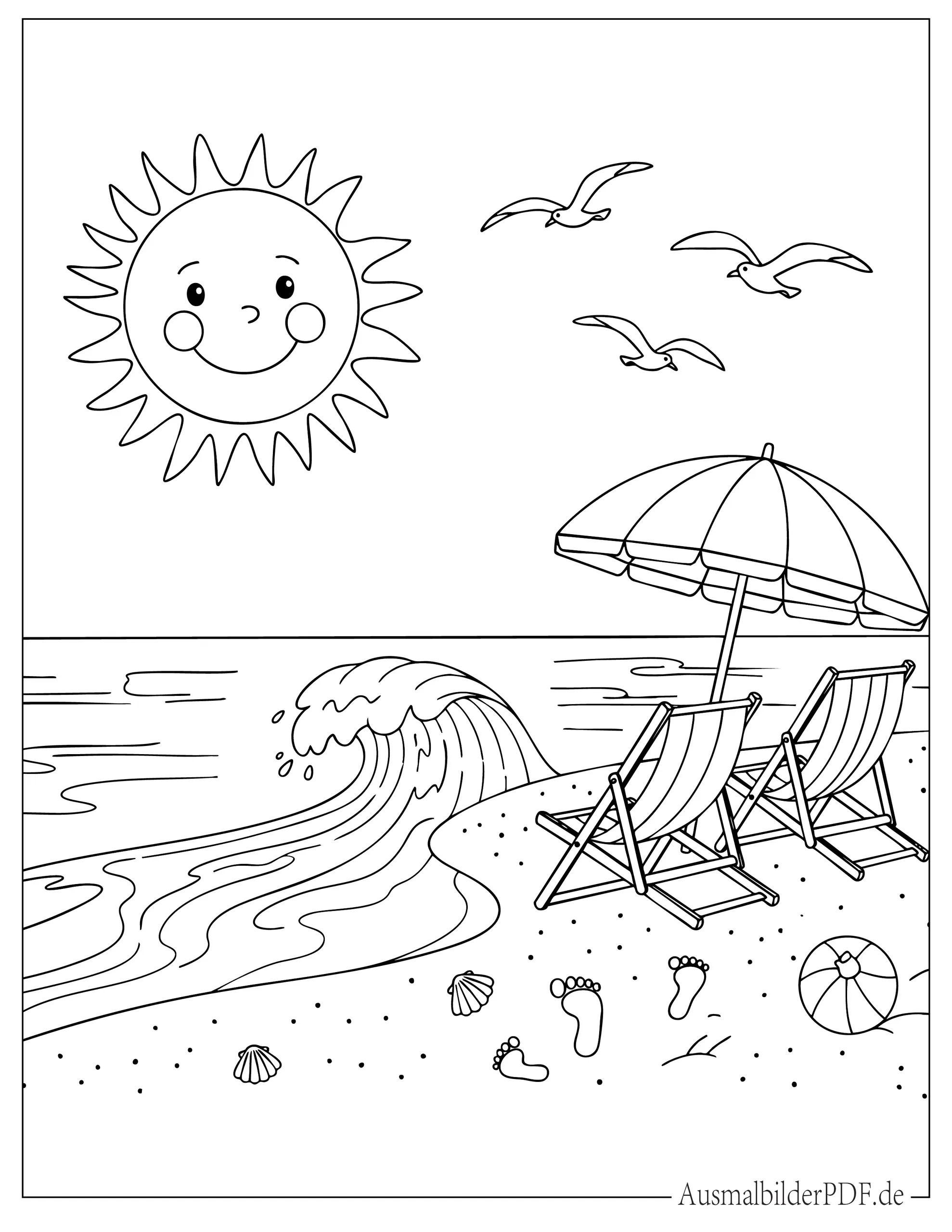 16 Strand Ausmalbilder (Gratis Malvorlagen zum Ausdrucken) Einfache Stühle und Sonnenschirm am Strand Ausmalbild für Kinder
