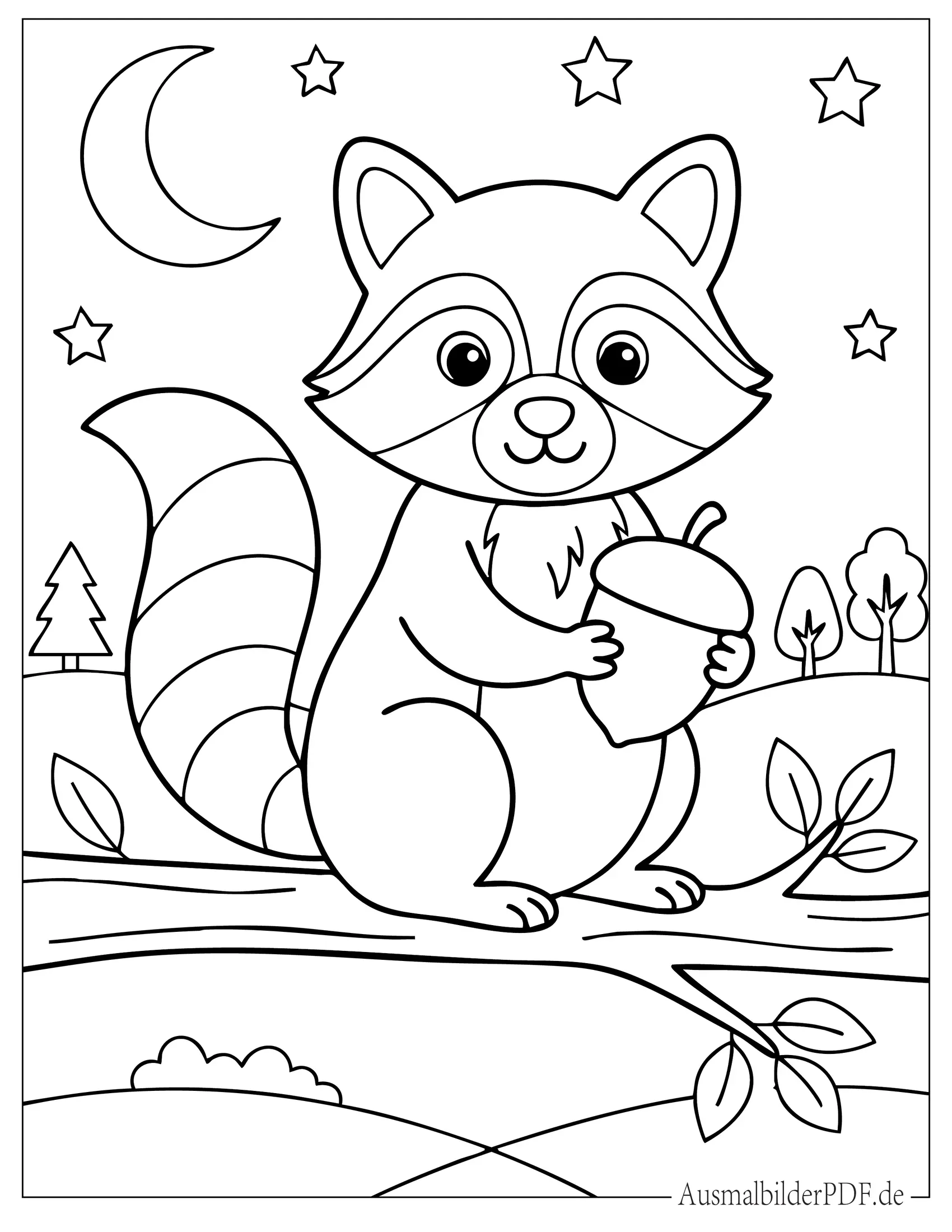 Einfacher Waschbär hält eine Eichel Ausmalbild für Vorschulkinder