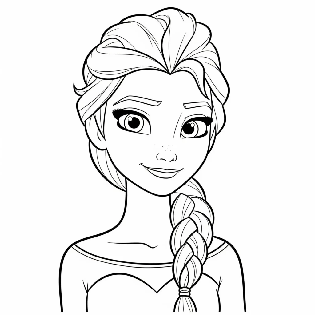 Ein einfaches Ausmalbild von Elsa mit klaren Linien und wenig Details, ideal für kleine Kinder und Anfänger. Perfekt zum Ausdrucken und leicht Ausmalen.