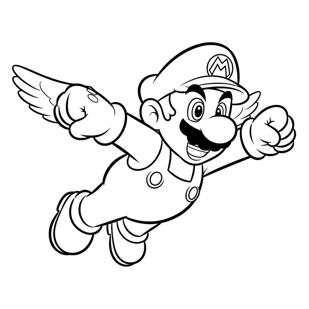 Leichtes Ausmalbild von Mario, der fliegt, speziell für Kinder gestaltet, zum Ausdrucken und Ausmalen zuhause