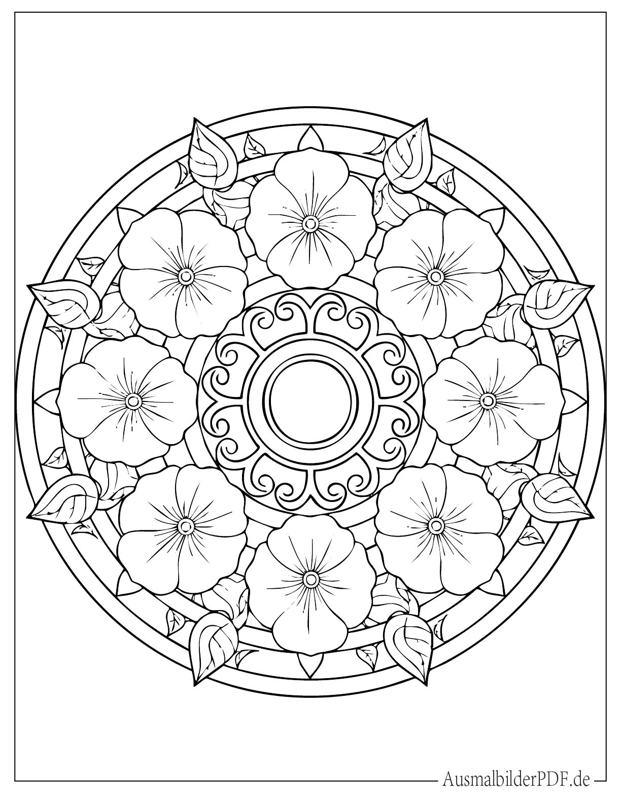 Niedliches einfaches Petunien Mandala zum Ausmalen