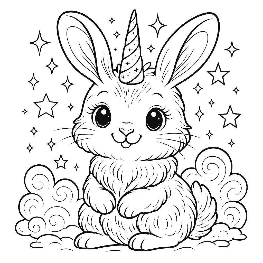 Ausmalbild eines Einhorn-Hasen mit funkelndem Horn und Sternen