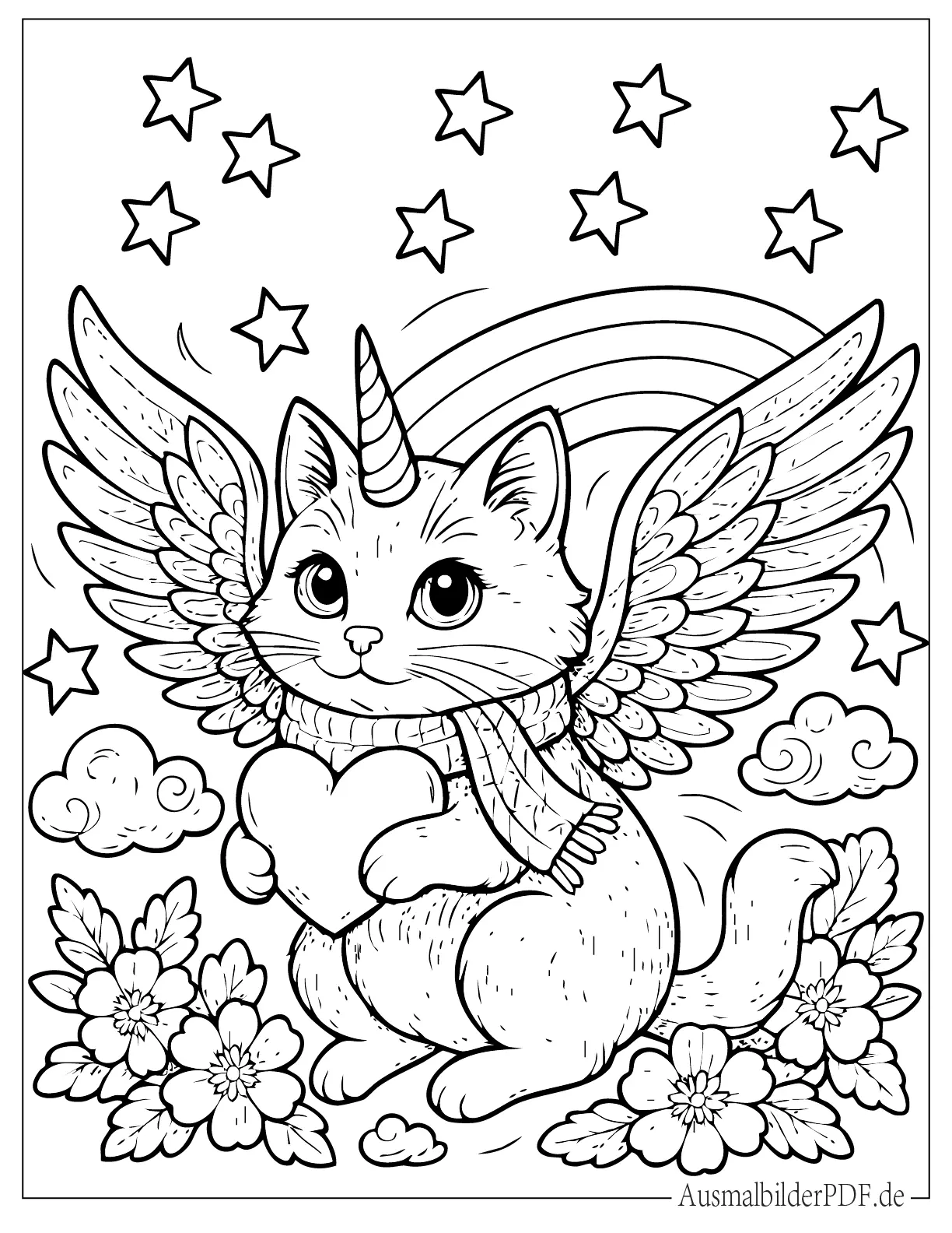Einhorn Katze mit Flügeln zum Ausmalen