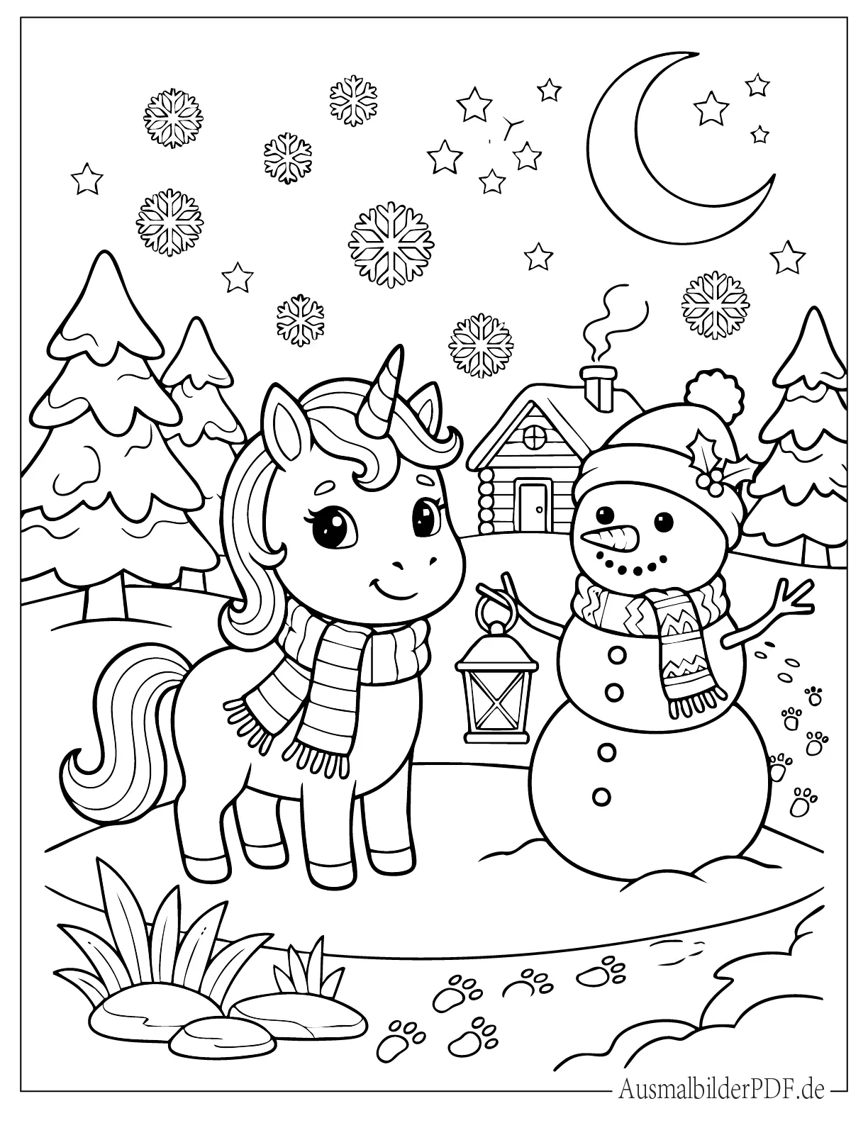 Einhorn trägt einen Schal und steht neben einem Schneemann Ausmalvorlage