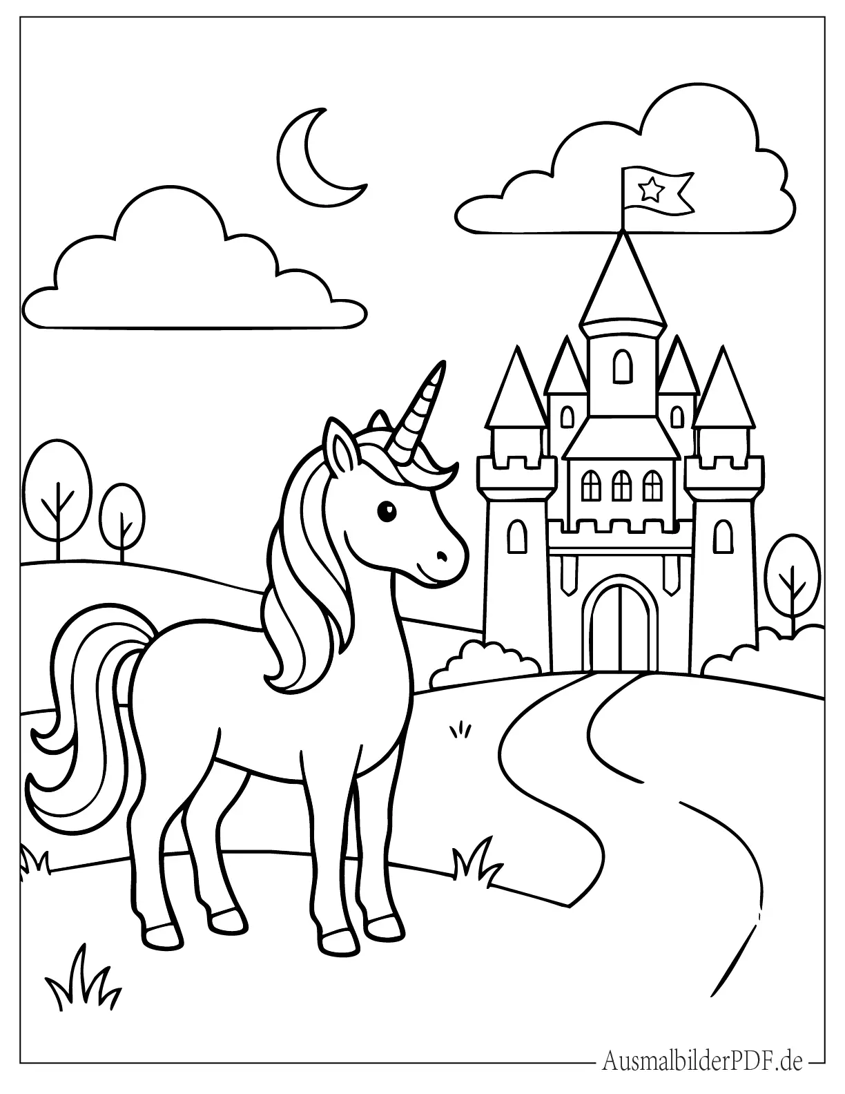 Einhorn steht neben einem Märchenschloss Malbild für Kinder