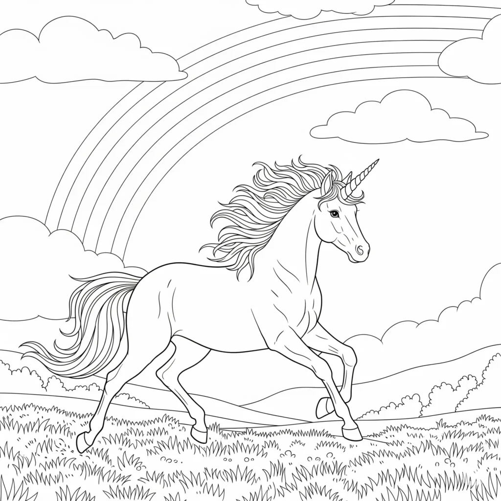 Ein Einhorn galoppiert unter einem geschwungenen Regenbogen in einer offenen Landschaft – ideales Ausmalbild zum kostenlosen Ausdrucken