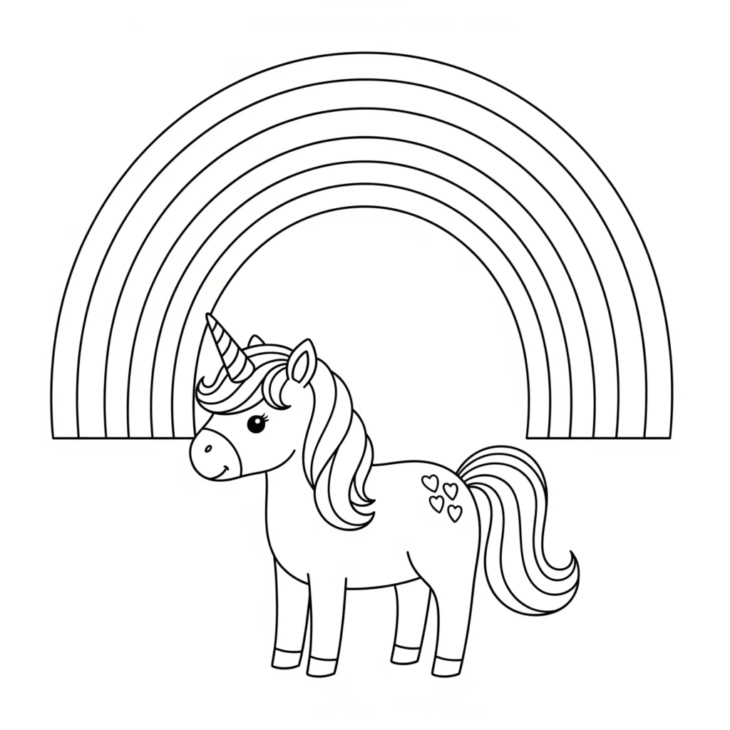 Ein süßes Einhorn steht unter einem Regenbogen in einer offenen Landschaft – perfekt als Ausmalbild für Kinder im PDF-Format