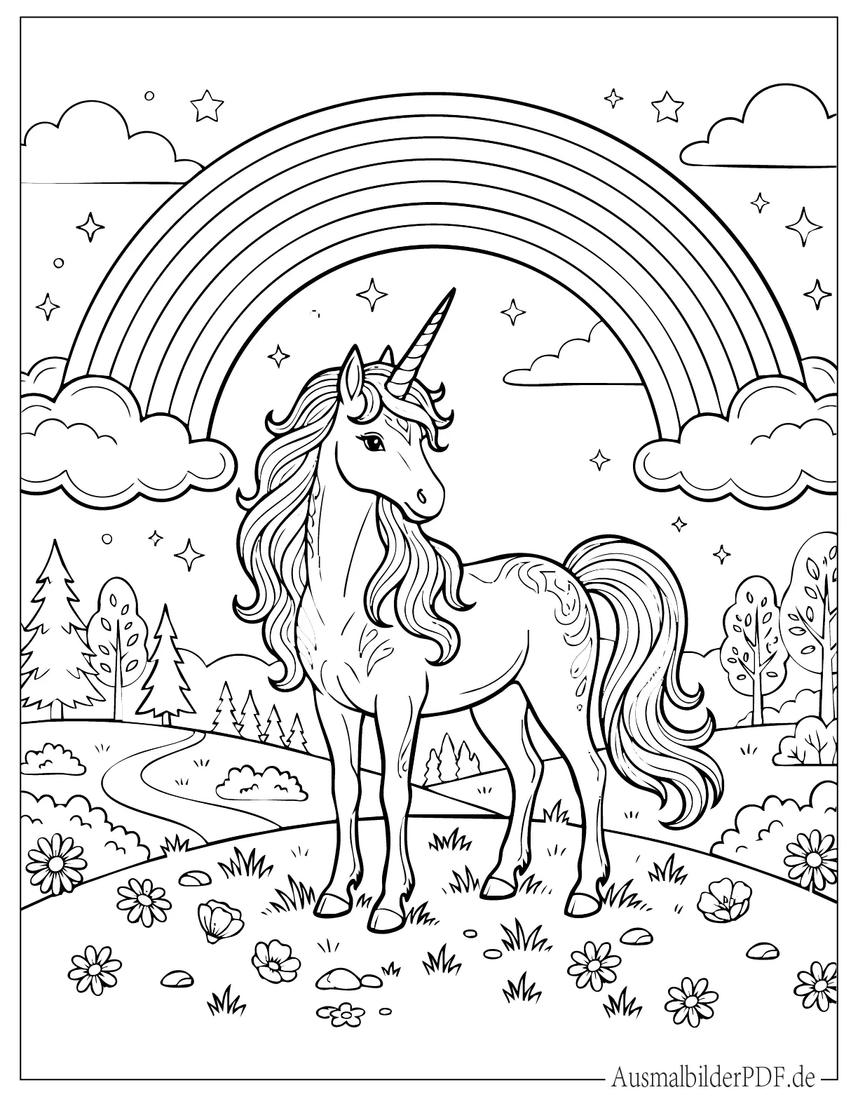 Ausmalbild Einhorn steht unter einem Regenbogen