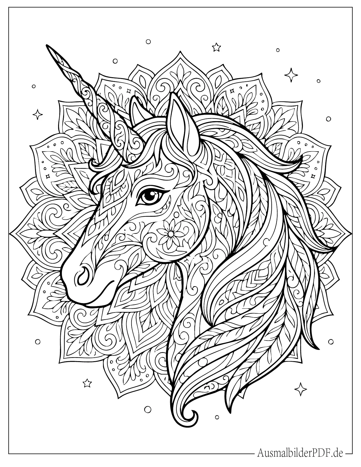 Detailliertes Einhorn Kopf Mandala Ausmalbild für Erwachsene