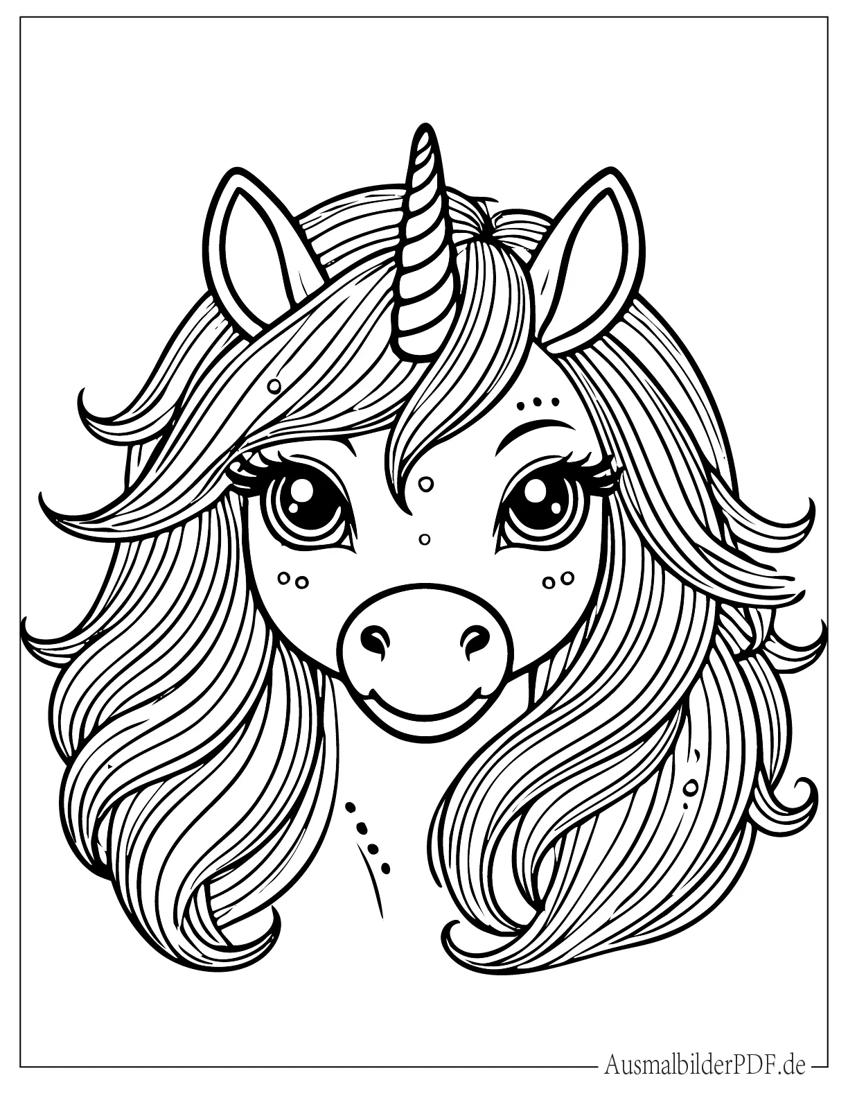 Einhorn Kopf mit langer Mähne Ausmalbild