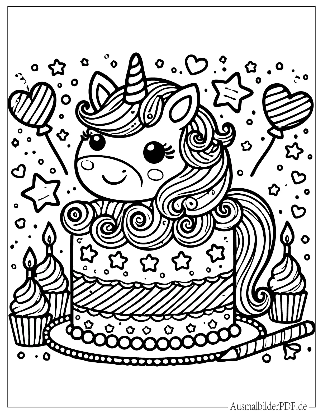 Detaillierter Einhorn Kuchen Ausmalbild