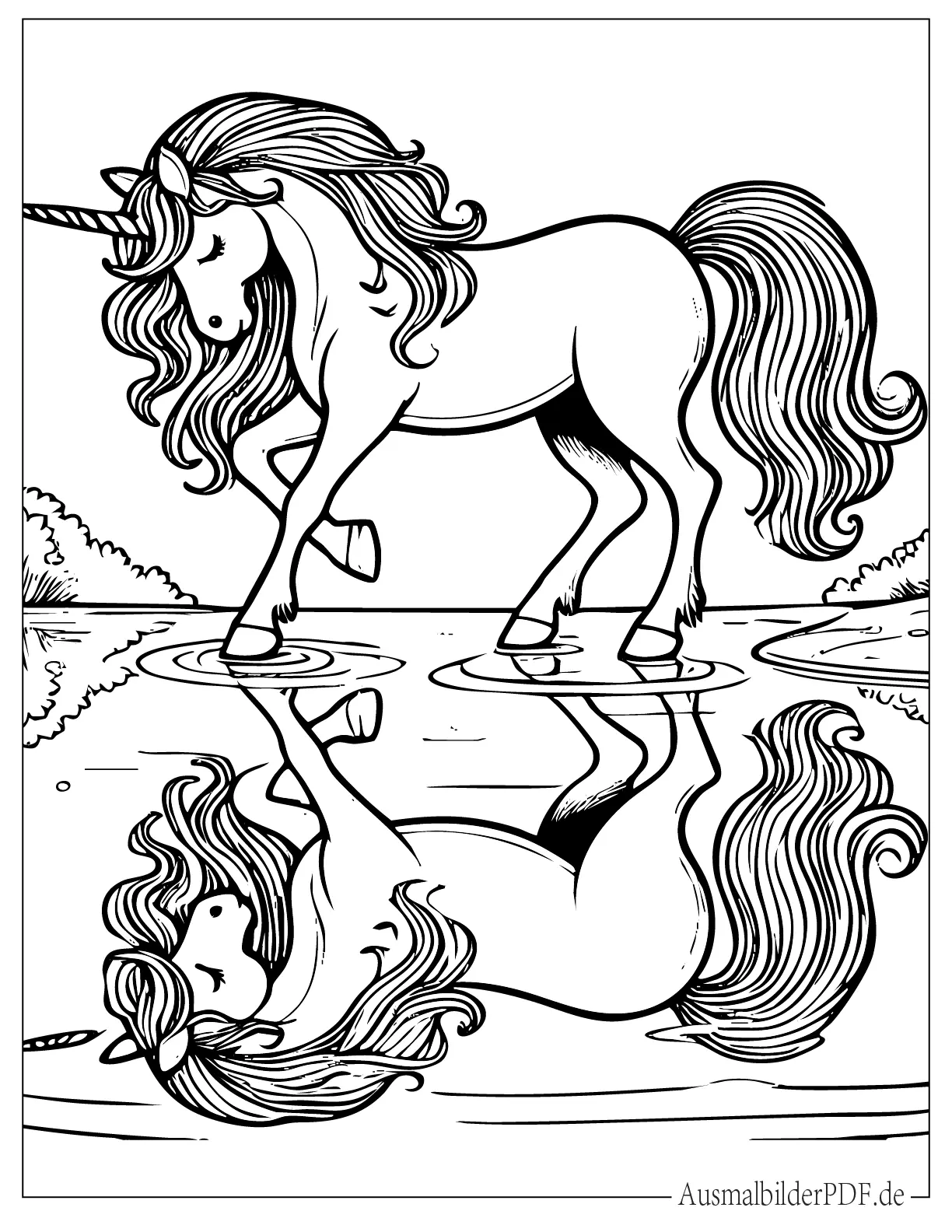 Einhorn mit langer Mähne Spiegelung im Wasser Malvorlage