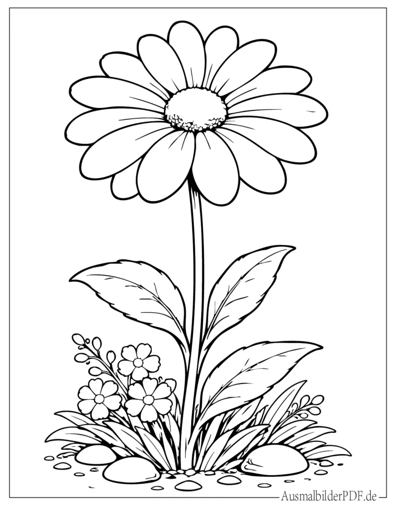 Ausmalbild einer einzelnen Blume mit Blättern, perfekt zum Ausdrucken und Ausmalen für Kinder